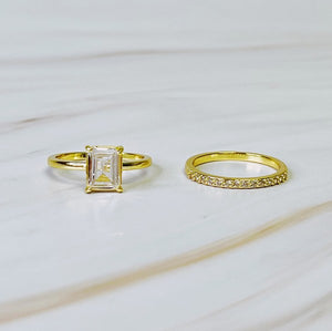 "Take Care" Emerald Cut Solitaire Ring Set