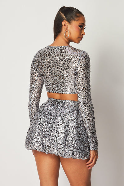 "Let's Stay Awhile" Sequin Long Sleeve Top And Skort Set