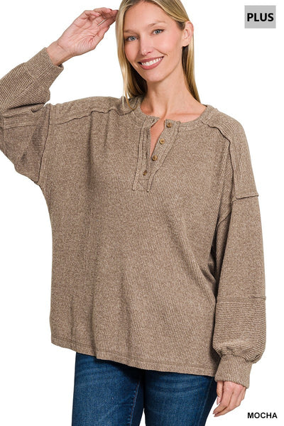 "Passing Through" Plus Ribbed Henley Sweater Top