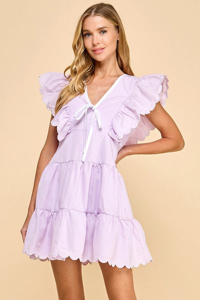 "Life Made Easy" V-Neck Bow Detail Scalloped Dress