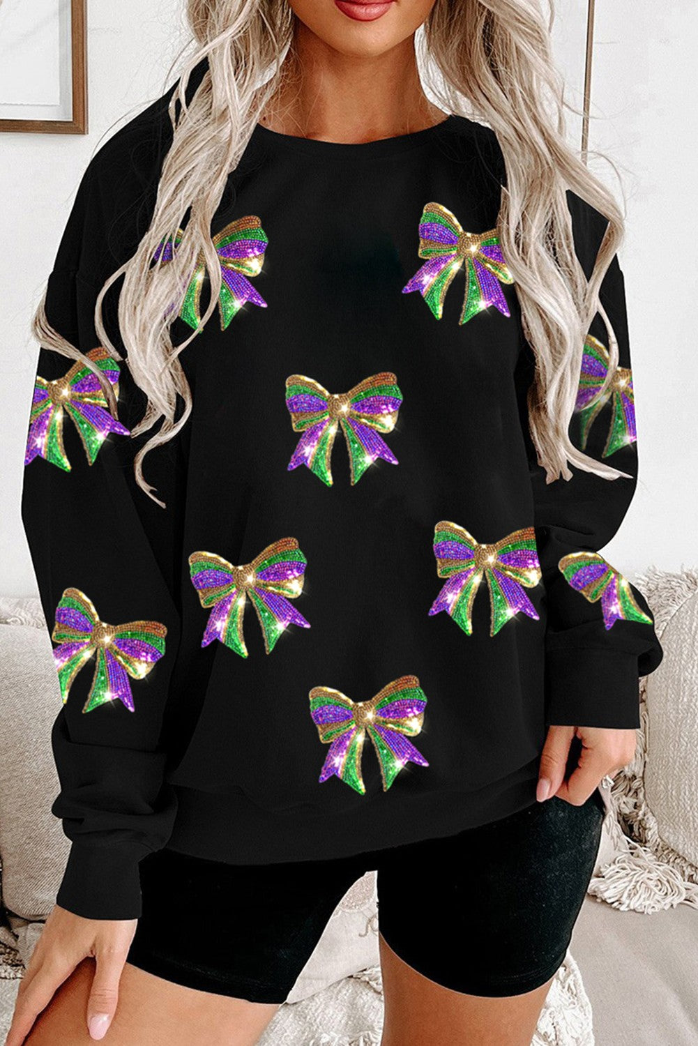 "I'll Be There" Sequin Mardi Gras Bow Sweatshirt