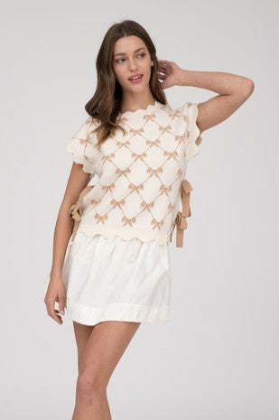 "Steady Heart" Bow Pattern Side Tie Short Sleeve Knit Top