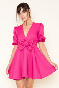 "True Romance" Puff Sleeve Bow Detail Mini Dress