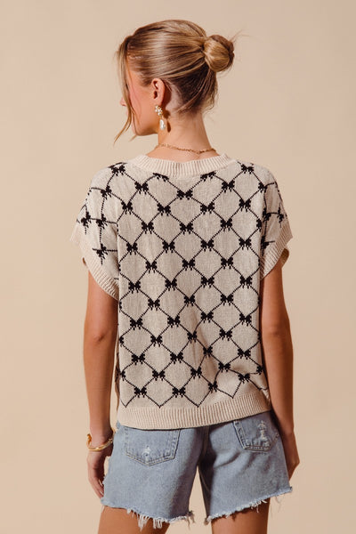 "Take It All In" Bow Ribbon Pattern Sleeveless Sweater Top