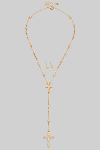 "Sweet Escapes" Cross Pendant Necklace With Gold Stud Earrings Set