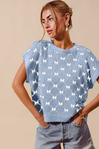 "Take It All In" Bow Ribbon Pattern Sleeveless Sweater Top