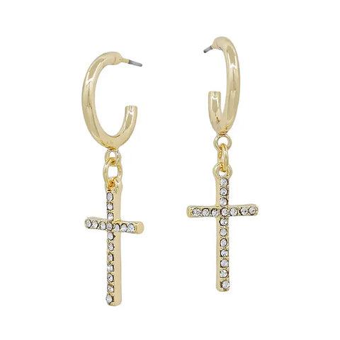 "Remember Me" Gold Cross Rhinestone Earrings