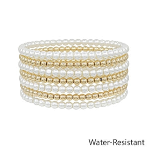 "Maxi" Set of 7 Water Resistant Gold & Pearl Stretch Bracelet