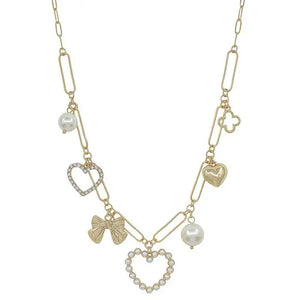 "Heart Of Gold" Gold Pearl Heart Multi Charm Necklace