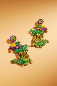 "Prime Time" Beaded Crocodile Mardi Gras Earrings