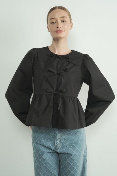 "New Beginnings" Long Sleeve Poplin Bow Tie Blouse