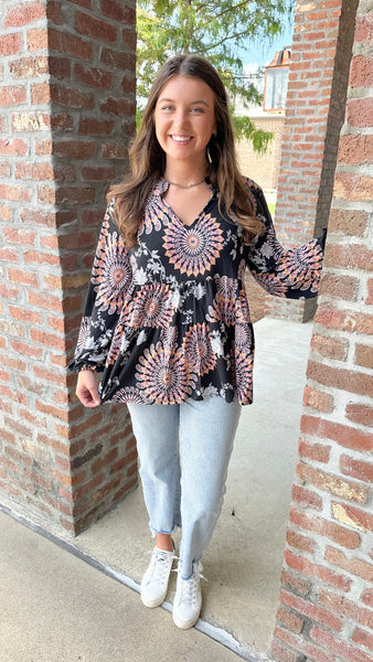 Feeling The Fun Woven Boho Print Long Sleeve Top