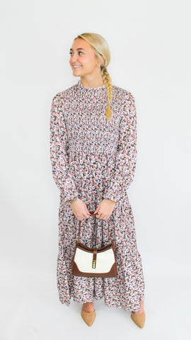 "Lively Love" Cinched Cuff Floral Print Smocked Maxi Dress