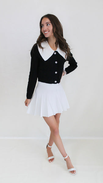 "Dream Of Me" Collared Cardigan With Pleated Mini Skirt Set