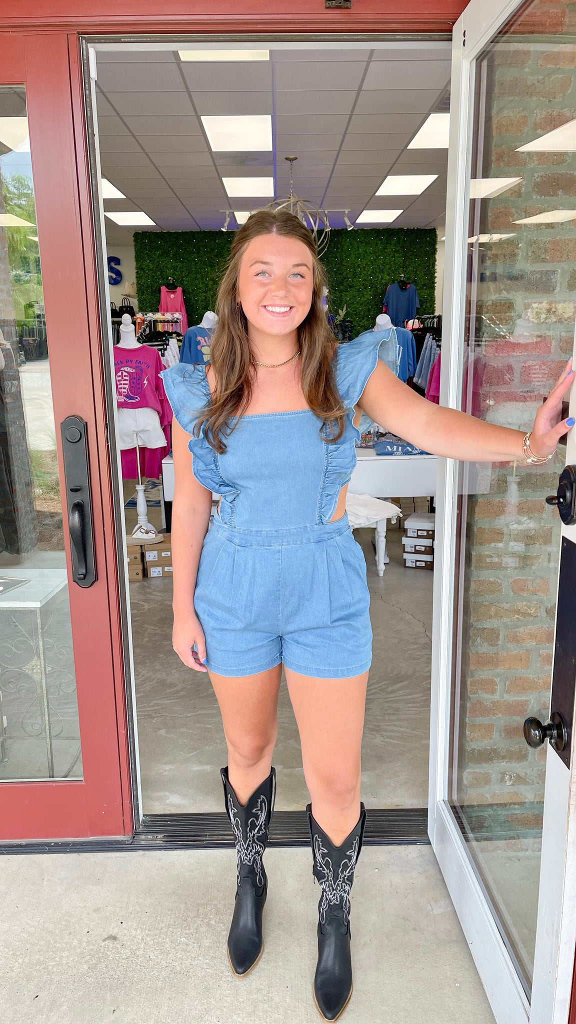 It's So Easy Ruffle Shoulder Denim Romper