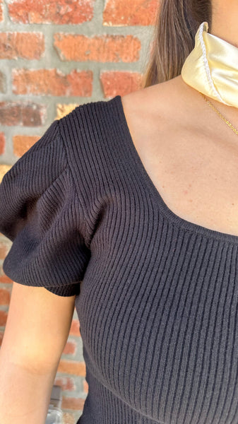 "Don't Wait Up" Puff sleeve Ribbed Knit Top