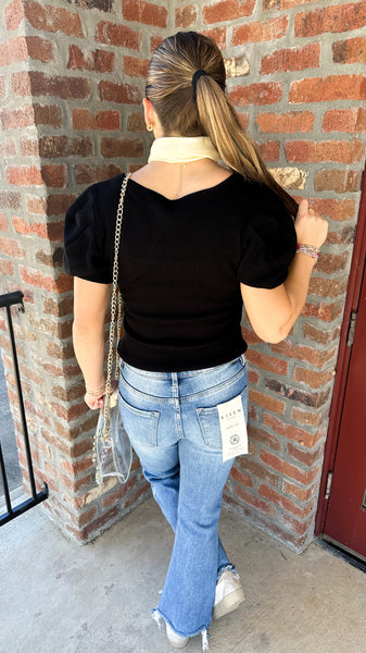 "Don't Wait Up" Puff sleeve Ribbed Knit Top