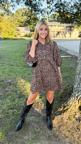 "Forever Wild" Puff Sleeve Leopard Print Belted Mini Dress