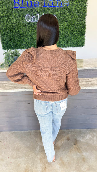 "Missing Out" Ruffled Tie Front Weaved Knit Sweater