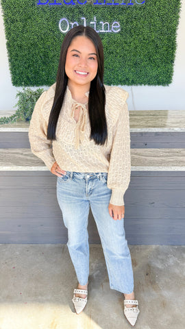 "Missing Out" Ruffled Tie Front Weaved Knit Sweater