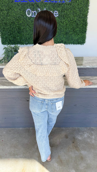 "Missing Out" Ruffled Tie Front Weaved Knit Sweater