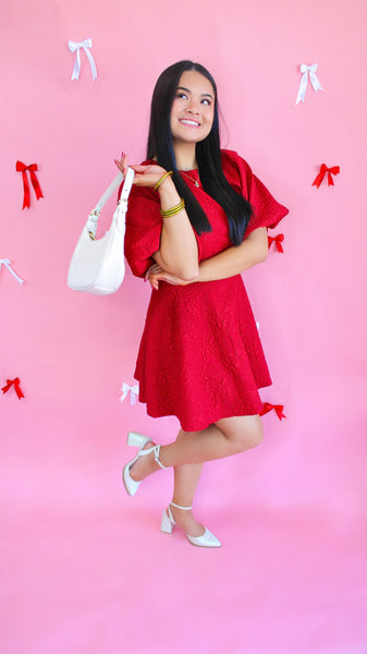 "I've Been Looking" Textured Bubble Sleeve Bow Dress