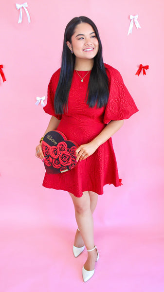 "I've Been Looking" Textured Bubble Sleeve Bow Dress