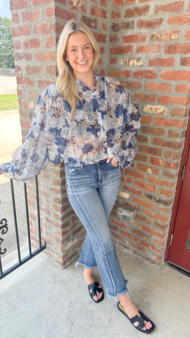 Find You Well Flower Printed Loose Fit Button Down Top