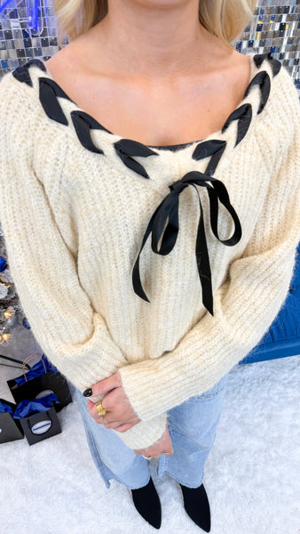 "Let's Find Out" V-Neck Sweater Top With Satin Bow