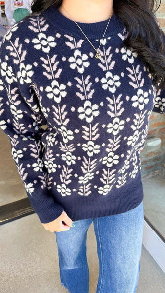 "You Know Better" Vintage Flower Pattern Crew Neck Knit Sweater