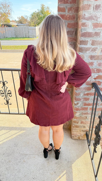 "Meaningful Moment" Corduroy Ruffled Puff Sleeve Mini Dress