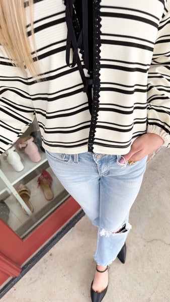 "I'm Just A Girl" Striped Lace Trim Cardigan Top