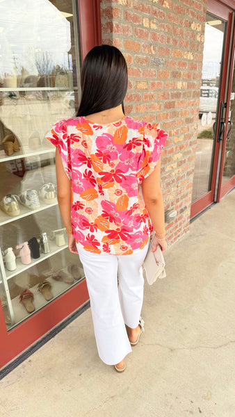 "Counting Every Blessing" Floral Print Ruffle Sleeve Top