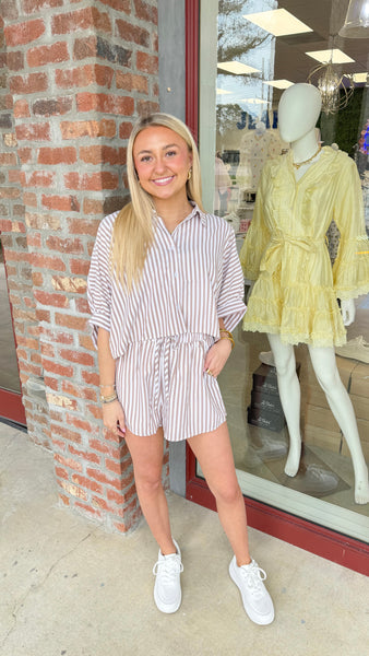 "Iconic Summer" Oversized Striped Button Down Top And Shorts Set