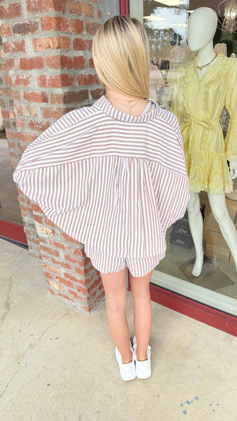 "Iconic Summer" Oversized Striped Button Down Top And Shorts Set