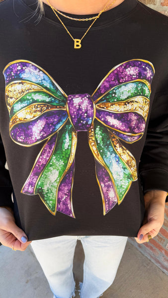 "Beads And Bling" Mardi Gras Bow Graphic Sweatshirt