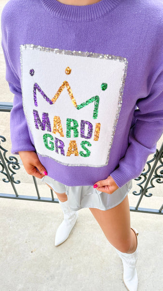 "All Fun And Games" Sequin Mardi Gras Sweater Top