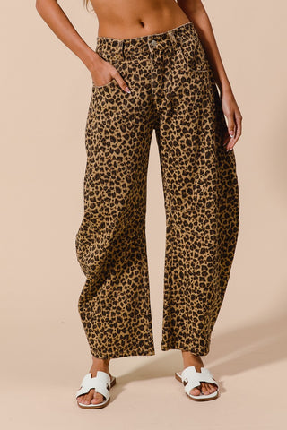 "Nova" Mid Rise Barrel Leopard Twill Pants