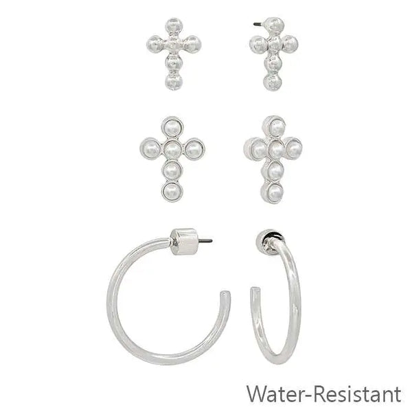 "Casual Composure" 3 Piece Cross & Hoop Earring Set