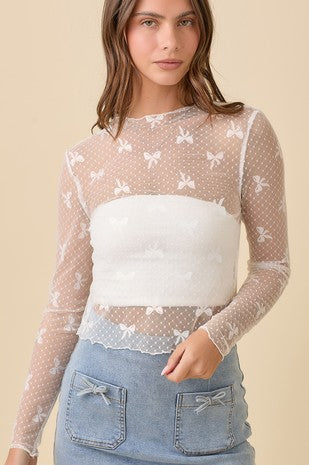 "Isn't She Lovely" Ribbed Bow Mesh Long Sleeve Top