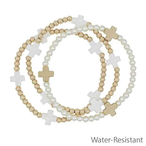 "The Greatest Love" Gold And White Cross Beaded Stretch Bracelet Set