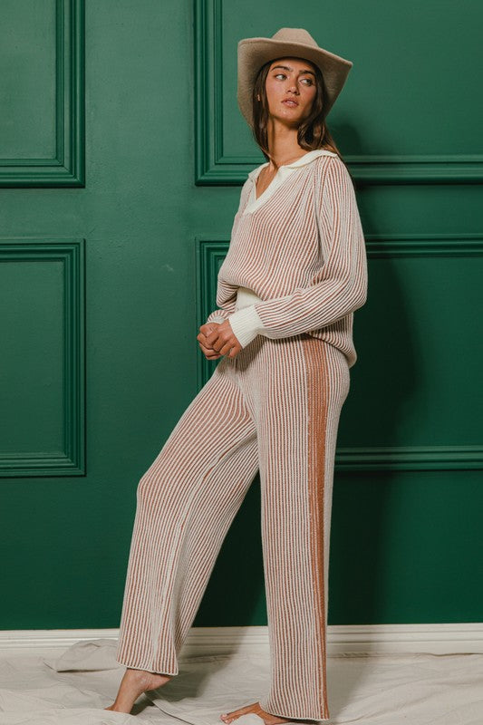 "I'm Just Thinking" Two Tone Rib Texture Sweater And Pants Set