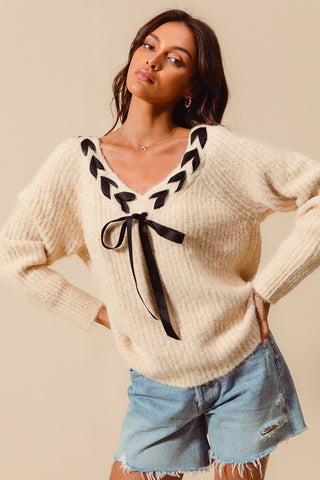 "Let's Find Out" V-Neck Sweater Top With Satin Bow