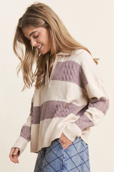 "Dreaming Of You" Stripe V Neck Collared Relaxed Fit Sweater Top