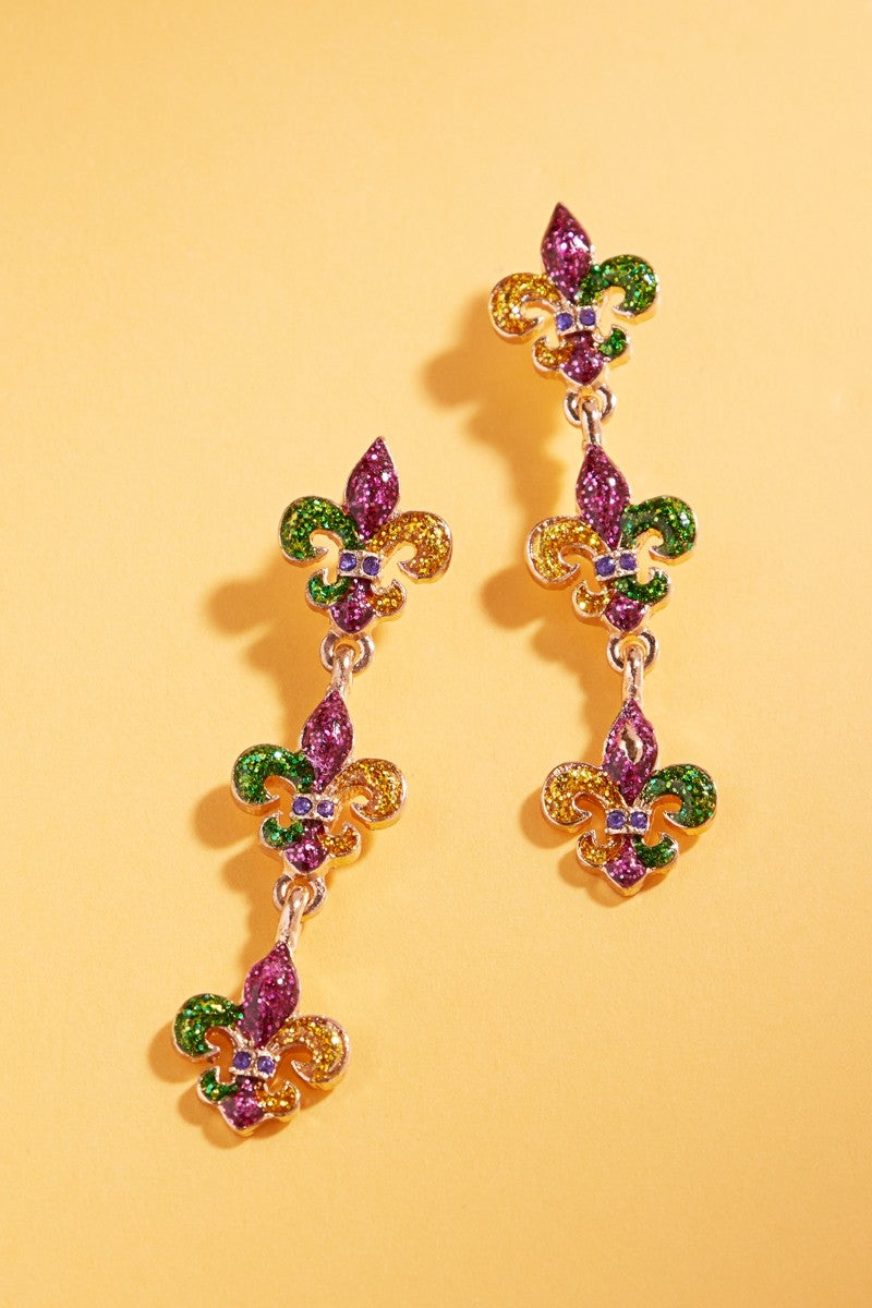 "Going For It" Fleur De Lis Mardi Gras Dangle Earrings