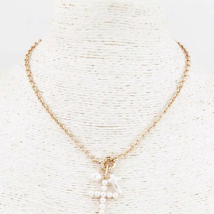 "As You Know" Gold Pearl Cross Charm Necklace