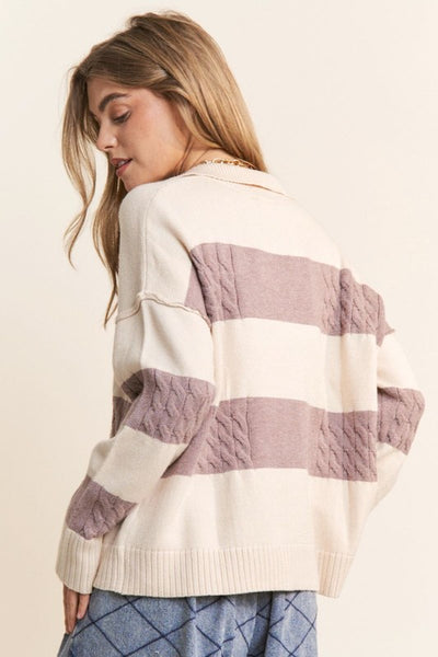 "Dreaming Of You" Stripe V Neck Collared Relaxed Fit Sweater Top