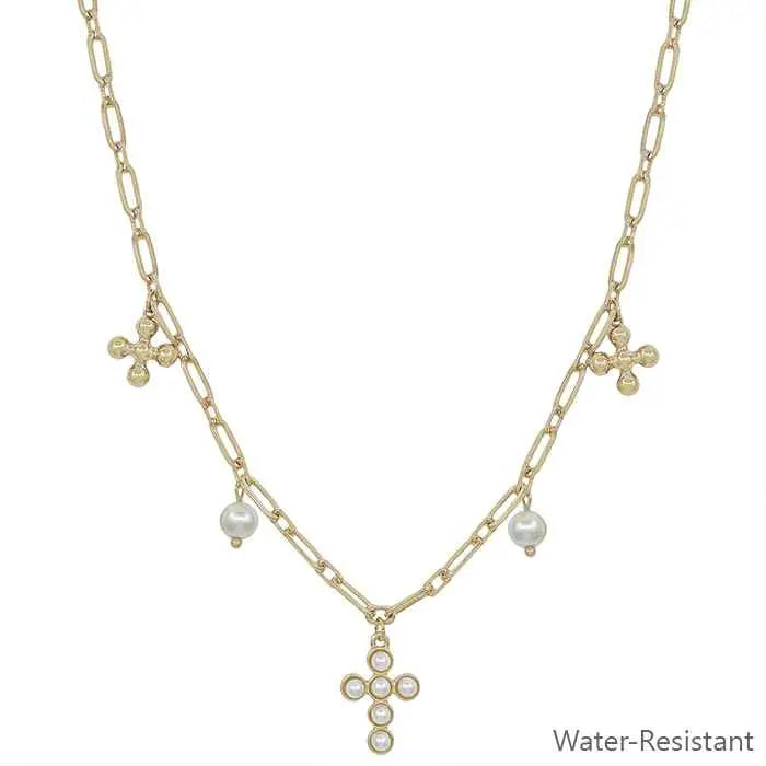 "Ribbons And Bows" Gold Pearl Cross Charm Necklace