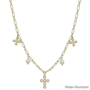 "Ribbons And Bows" Gold Pearl Cross Charm Necklace