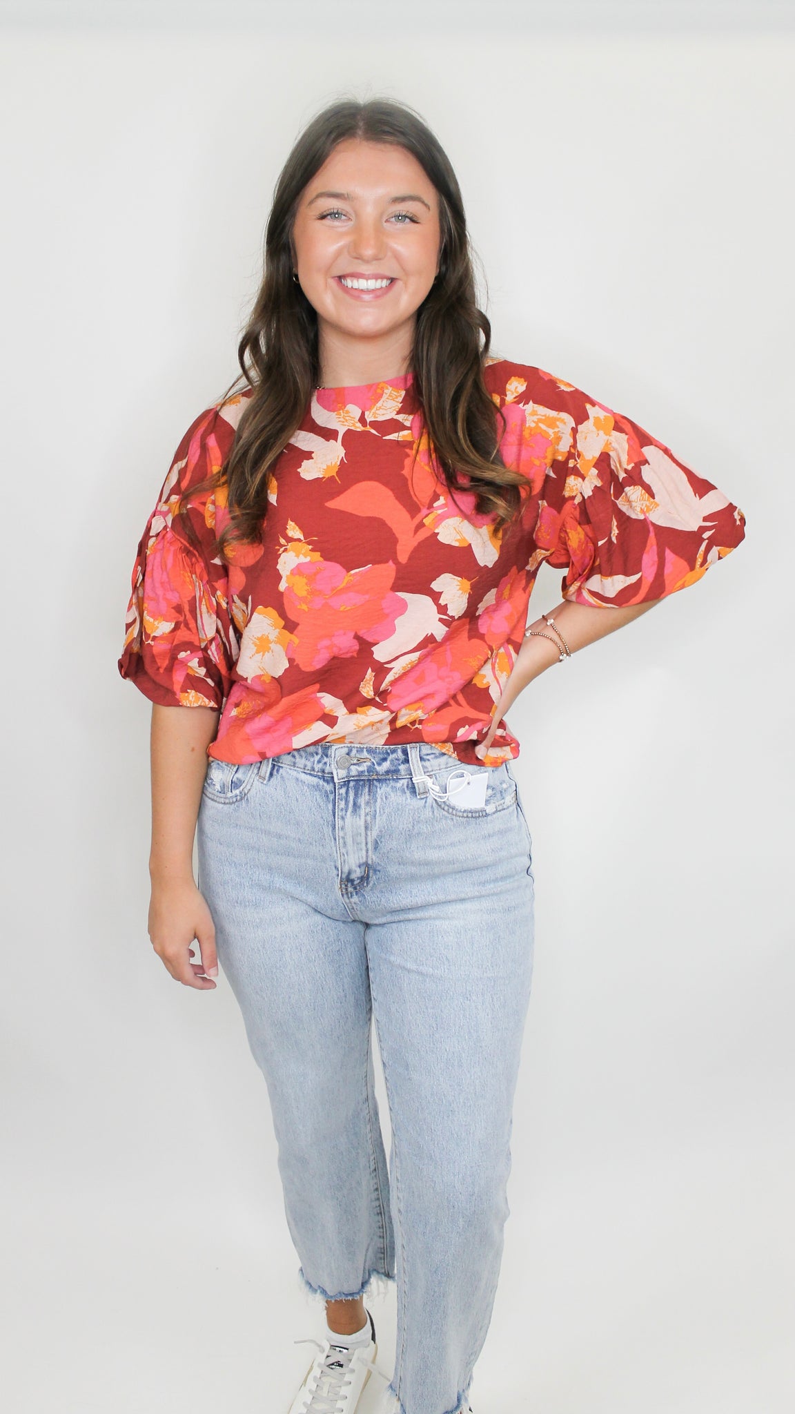 Win My Heart Floral Print Short Balloon Sleeve Top